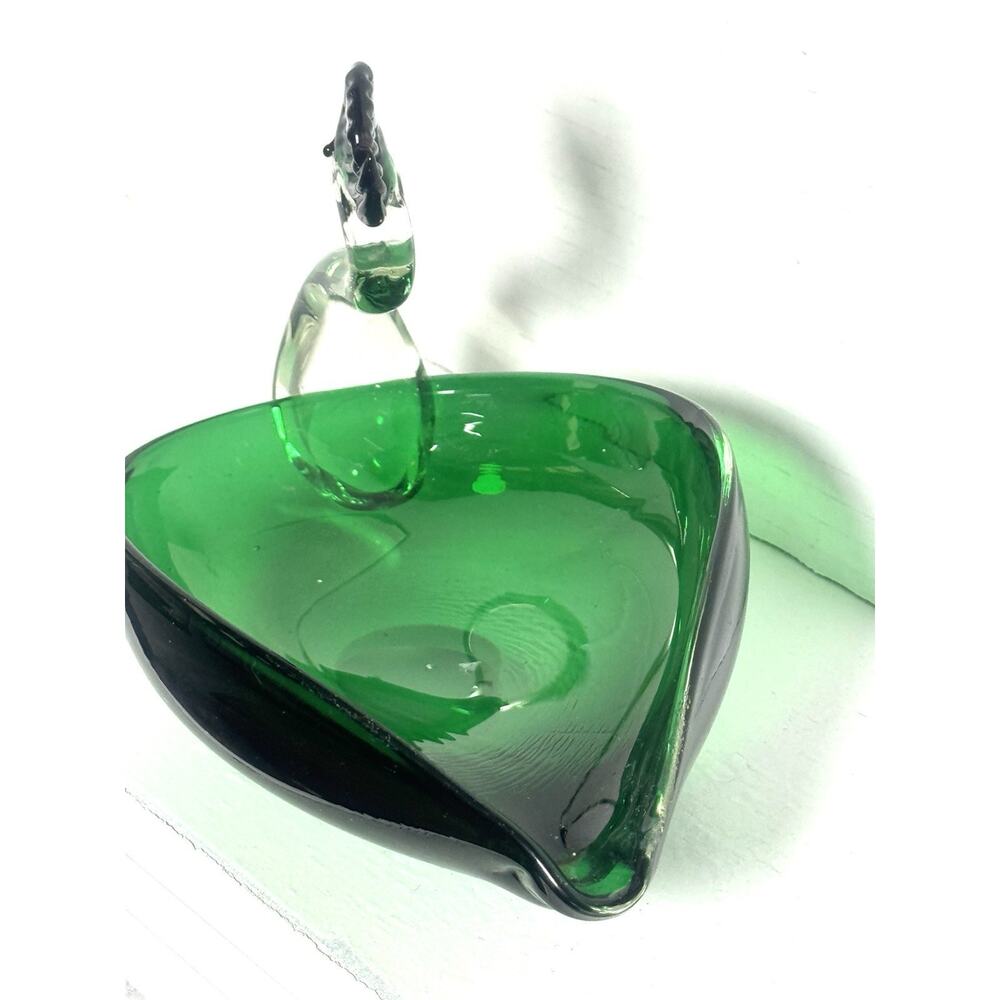 Vintage Norcrest Handblown Art Glass Emerald Green Swan Ashtray Trinket Dish - Picture 3 of 6